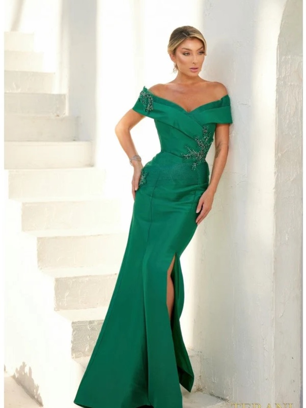 Terani Couture 232M1539  Off Shoulder Emerald Green Evening Gown with Side Slit